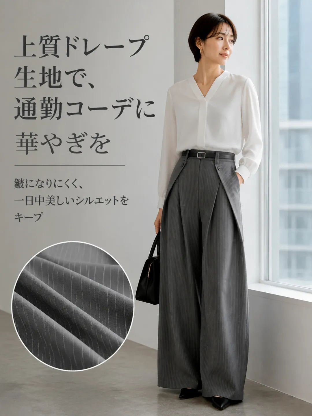 【デザインストライプ ハイウエストワイドスラックス】ベルトはプレゼントです。