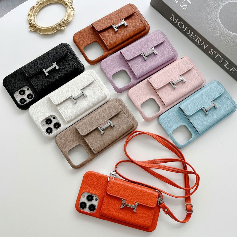 ライチ模様レザー製スマホケース&H型留め具付きカードケース