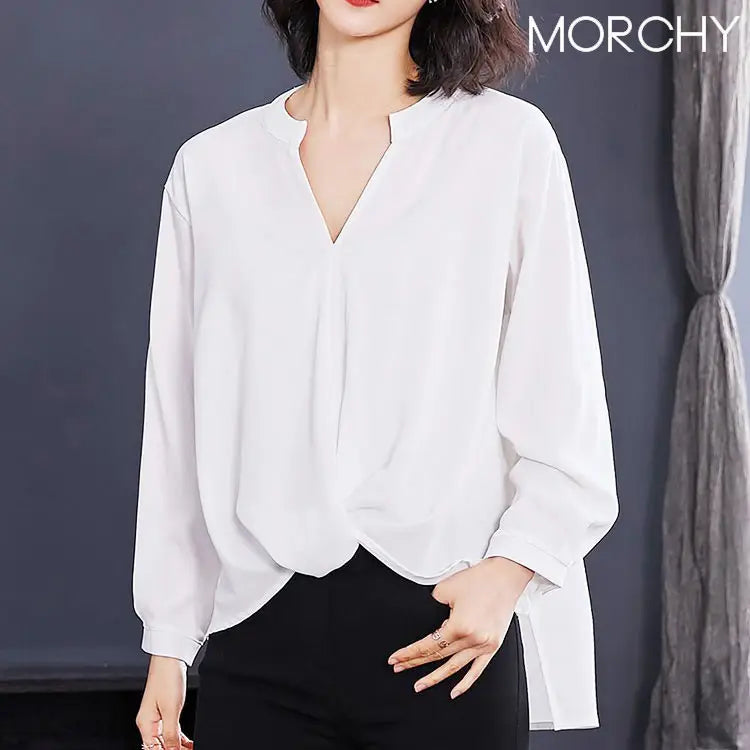 シフォンシャツ 2セットで5900円 トップス 前結び風 ノーカラー 春夏 レディース オン オフ おしゃれ