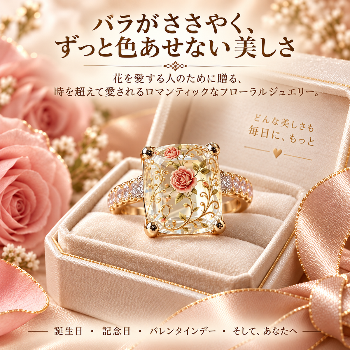 ヴィンテージローズ・フローラル ステートメントリング｜ゴールドカラーのバンド