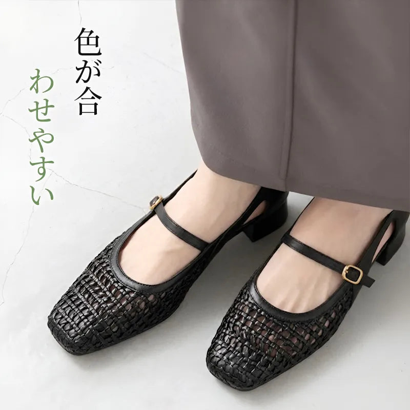 【SNS話題沸騰★疲れにくい】ハンドメイド編み込み スクエアトゥ メリージェーンシューズ 通気性 切り替え 3cm太ヒール/ローヒール バックル付き 通勤/デイリー/レトロ
