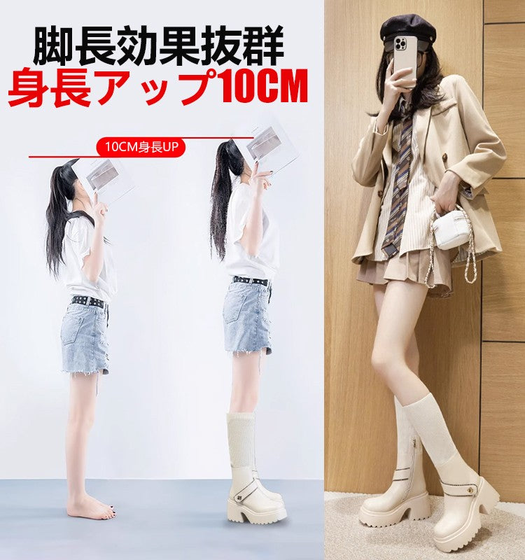 レディースニット切替厚底レザーブーツ