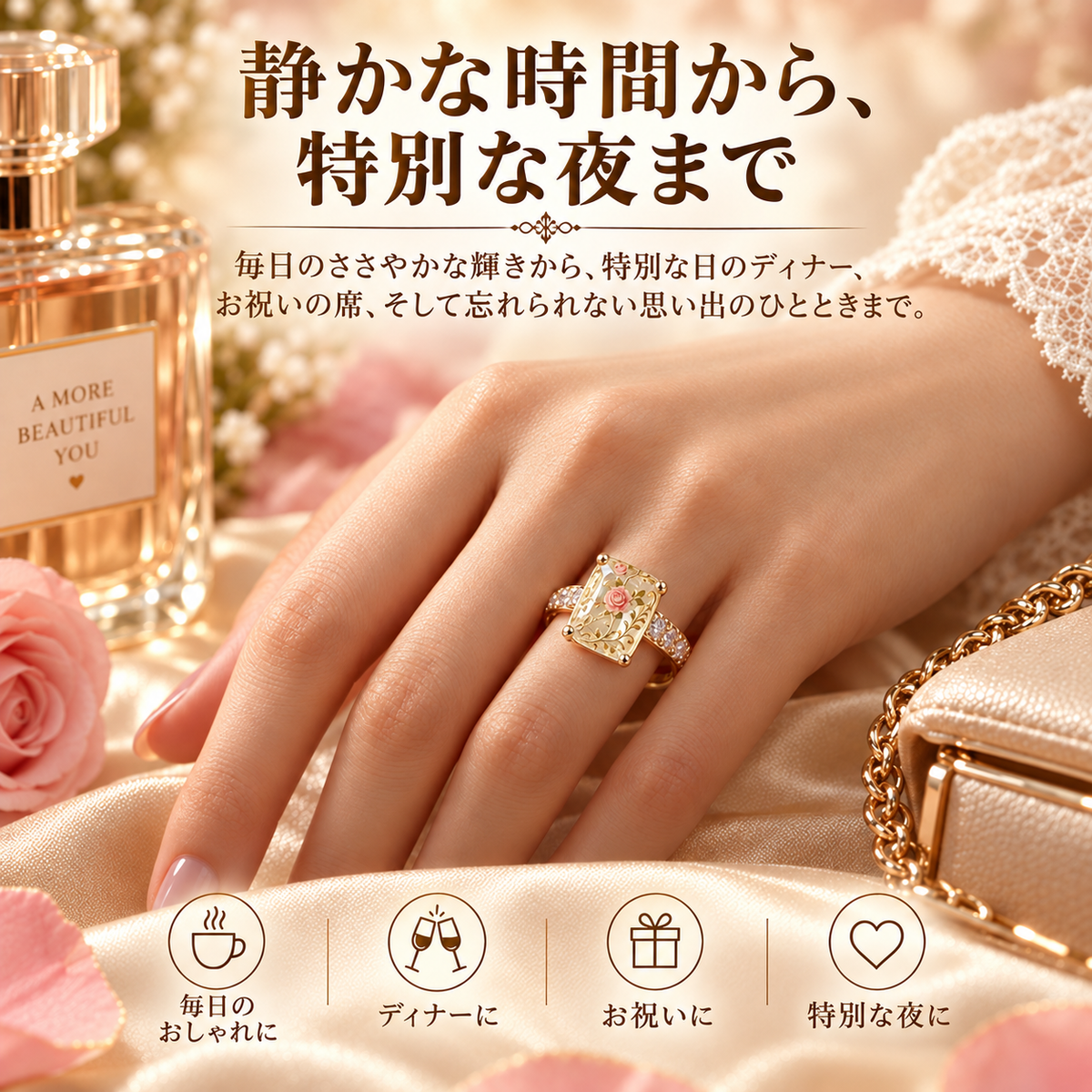 ヴィンテージローズ・フローラル ステートメントリング｜ゴールドカラーのバンド