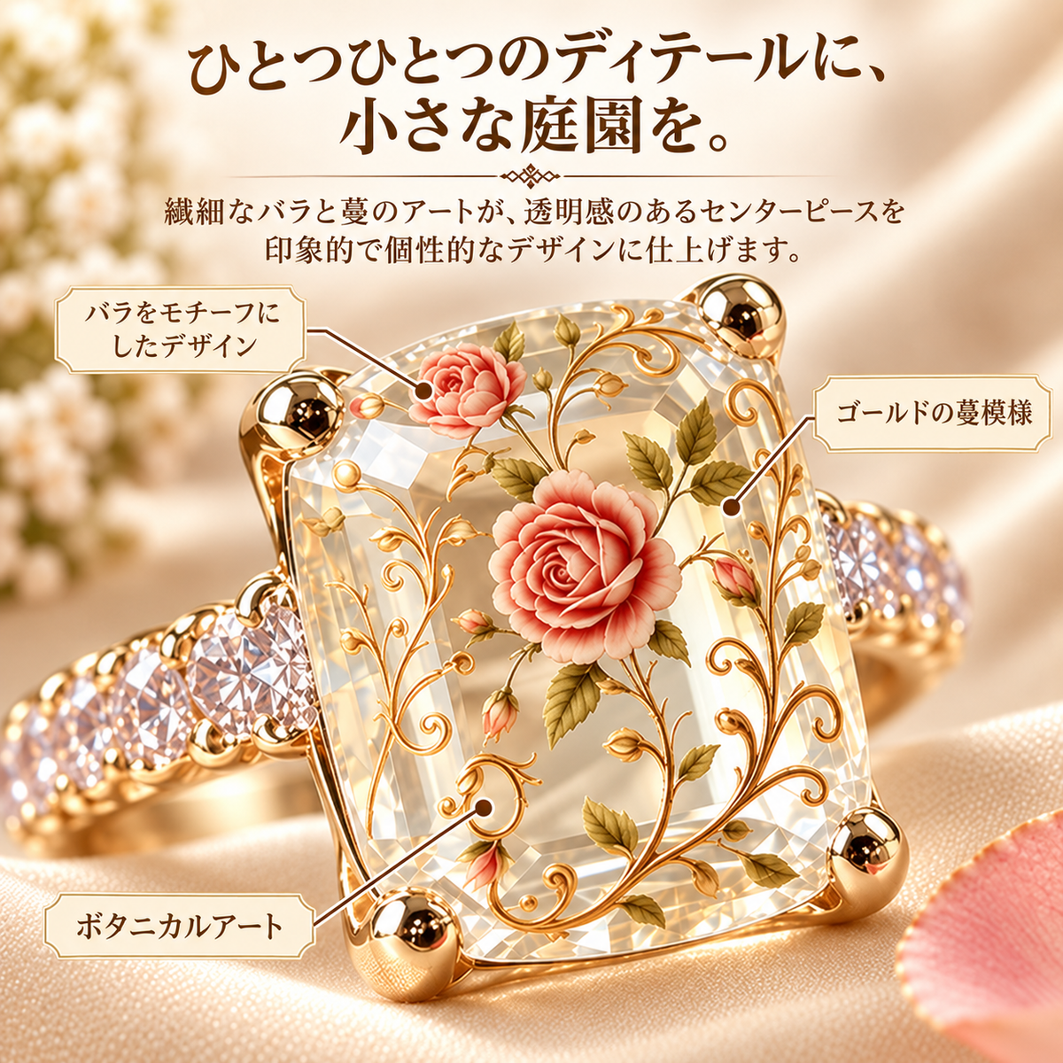 ヴィンテージローズ・フローラル ステートメントリング｜ゴールドカラーのバンド
