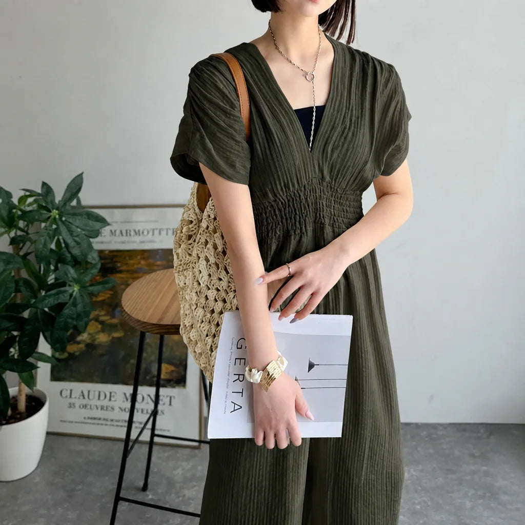 【1枚で上品カジュアル】「部屋着感ゼロ」のオールインワン。高めのウエスト位置で圧倒的なスタイルアップ！