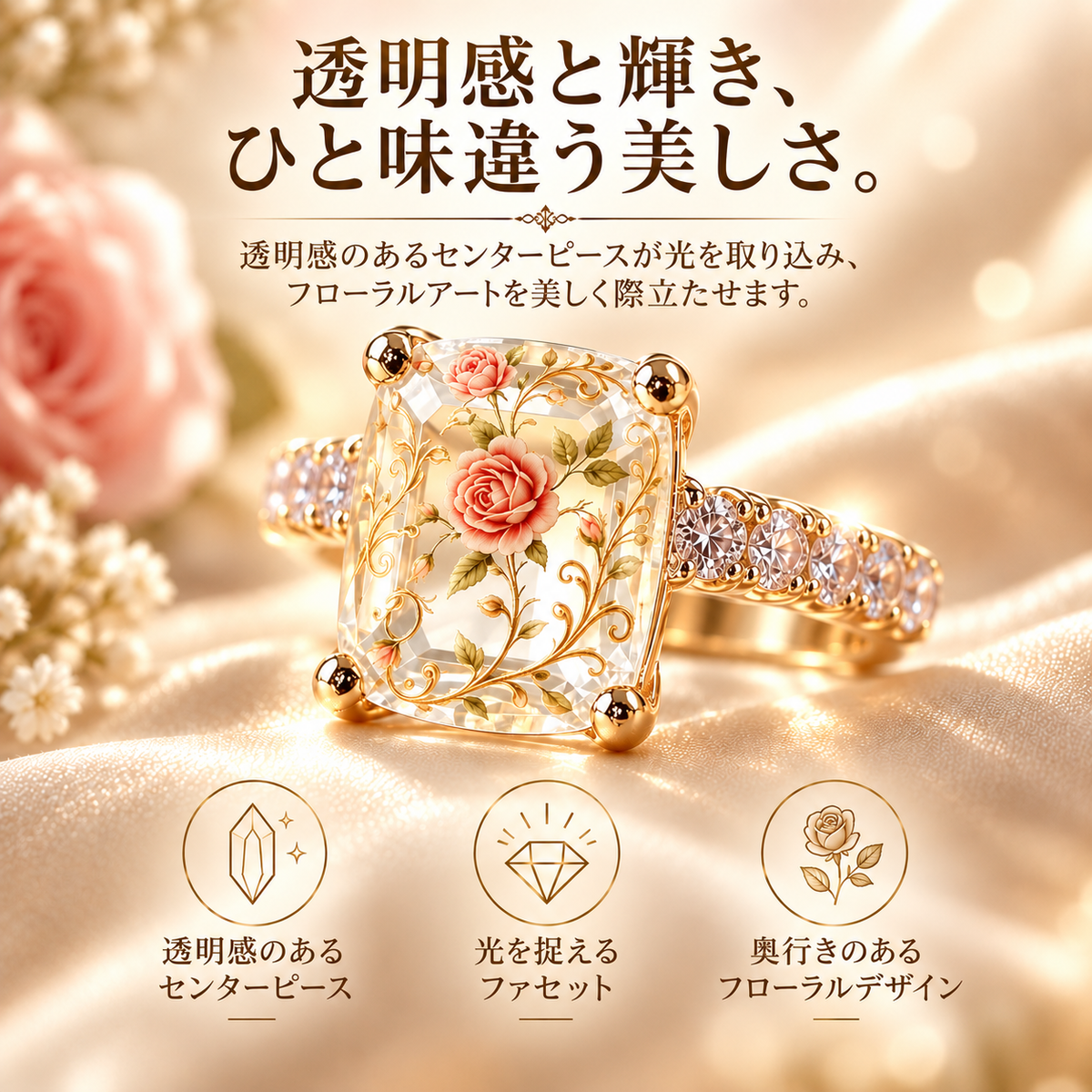 ヴィンテージローズ・フローラル ステートメントリング｜ゴールドカラーのバンド