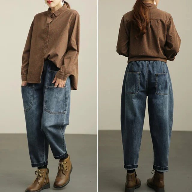 デニムサルエルパンツ 1日に数万本売れる大ヒットのジーンズ、ゆるっと可愛い、履くだけで-5kg見える、ストレスフリー