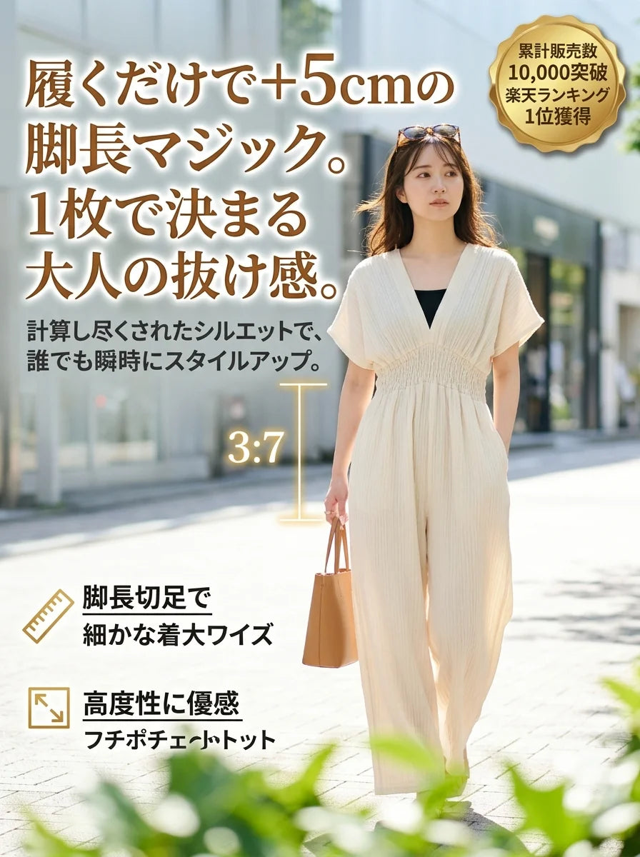 【1枚で上品カジュアル】「部屋着感ゼロ」のオールインワン。高めのウエスト位置で圧倒的なスタイルアップ！