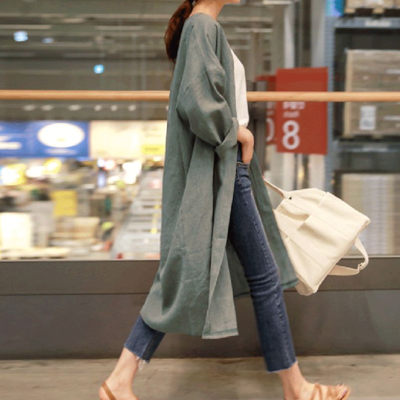 羽織 オーバーサイズ アウター ライトアウター スプリングコート ノーカラー 前開き UVカット 柔らか オフィス ゆったり 日焼け対策 冷房対策 体型カバー カジュアル 長袖 シンプル ファッション 無地 レトロ 切り替え ロング すね丈 春秋 カーディガン